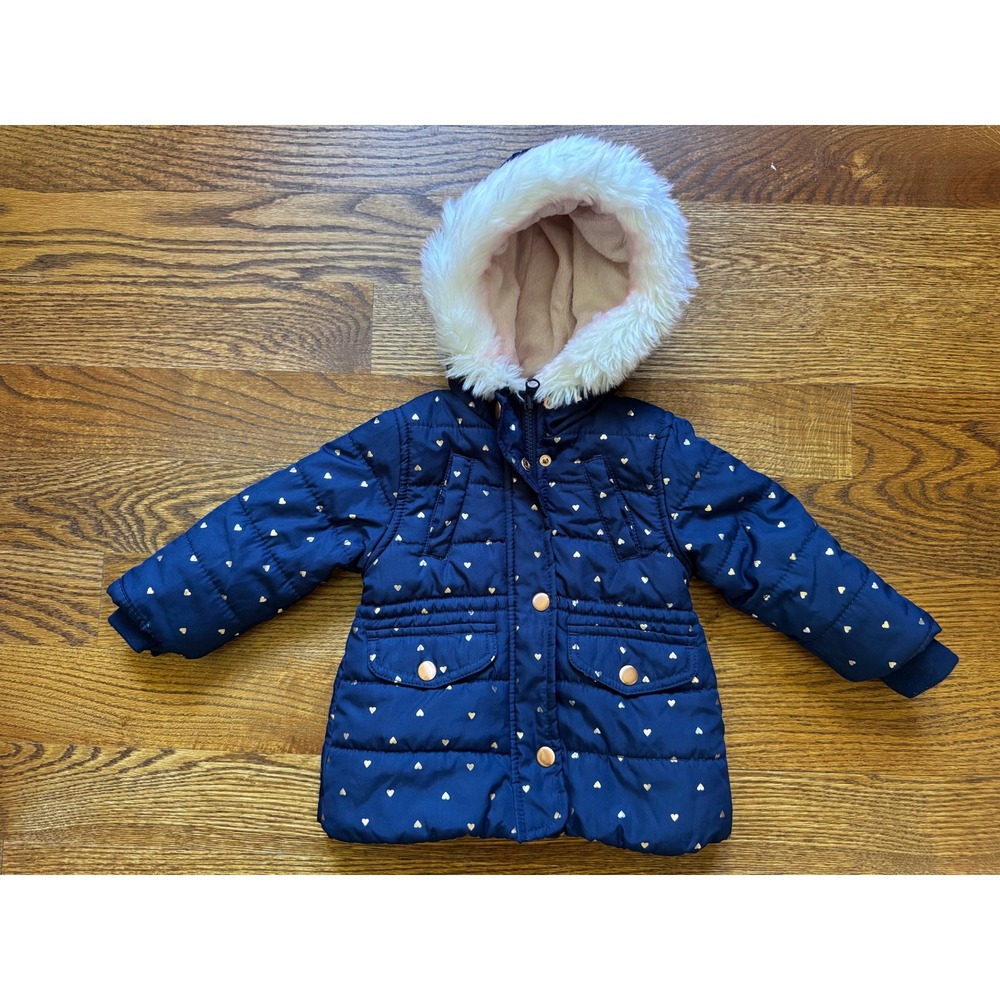Carters Navy Blue Gold Heart Puffer Jacket Faux Fur Hood 12M Fall/Winter